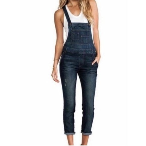 Free People Milo Washed Denim Overalls Dark Wash Distressed 5 Pocket Sz 26 - Picture 5 of 15
